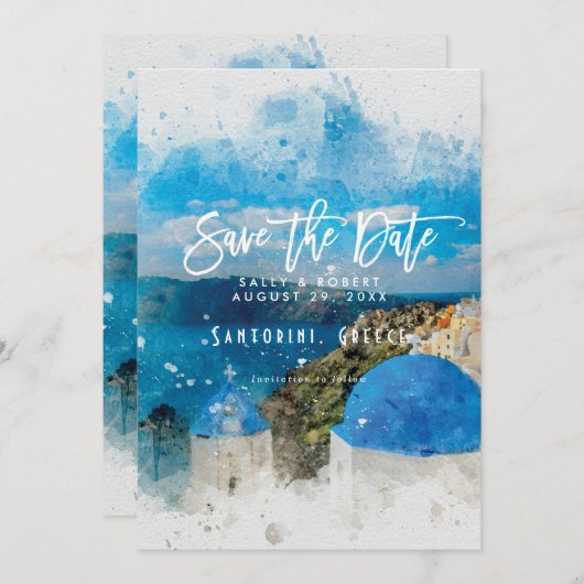 Santorini Griekenland zomer bruiloft save the date Bedankkaart (Voorkant / Achterkant)