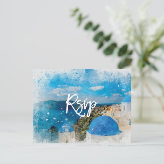 Santorini Griekenland zomerbruiloft RSVP briefkaar Briefkaart (Staand voorkant)