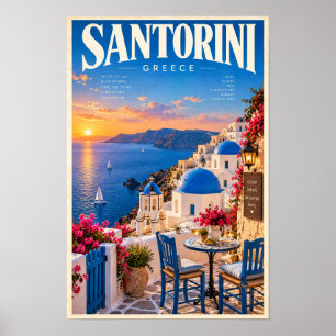 Santorini Griekenland Zonsondergang Blauwe Koepel  Poster