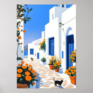 Santorini Grieks Dorp Witte Steeg Muurkunst Poster
