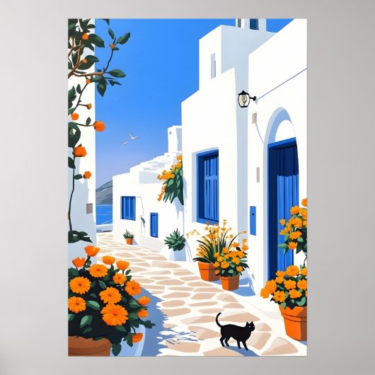 Santorini Grieks Dorp Witte Steeg Muurkunst Poster (Voorkant)