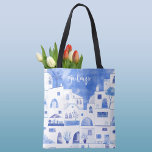 Santorini Grieks eiland gepersonaliseerde Waterver Tote Bag<br><div class="desc">Waterverf blauw-wit stadslandschap schilderij gebaseerd op het Griekse eiland Santorini. Originele kunst van Nic Squirrell. Wijzig de naam om deze te personaliseren.</div>