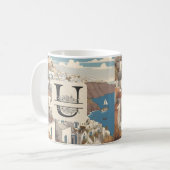 Santorini grieks eiland monogram reizen blauw koffiemok (Voorkant links)