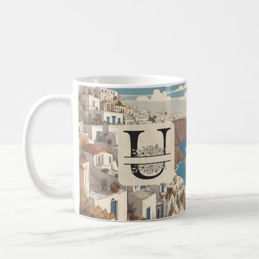 Santorini grieks eiland monogram reizen blauw koffiemok (Links)
