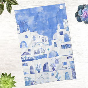 Santorini Grieks Eiland Watercolor Stadsgezicht Theedoek