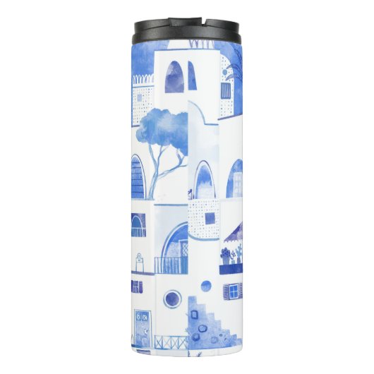 Santorini Grieks Eiland Waterverf Monogram Thermosbeker (Achterkant)