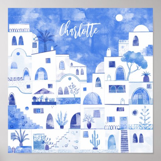 Santorini Griekse Aquarel Gepersonaliseerd Poster (Voorkant)
