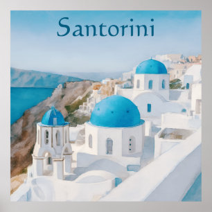 Santorini, Griekse dorp met blauwe koepels Poster