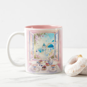 Santorini Griekse reizen behandelt taarten dessert Tweekleurige Koffiemok