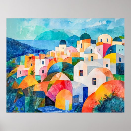 Santorini Heuvellandschap in Abstracte Kleuren Poster (Voorkant)