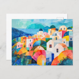 Santorini Hillside in Abstracte tinten Feestdagenkaart