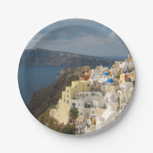 Santorini in de middag van de zon papieren bordje