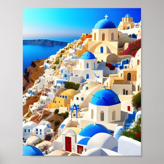 Santorini Island Greece Digital Art Painting Poster (Voorkant)