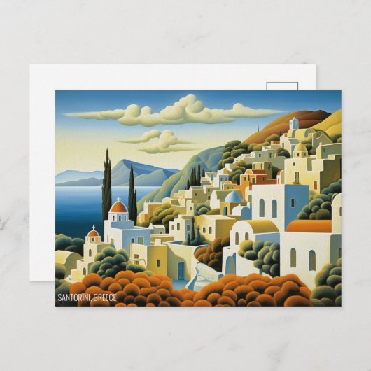 Santorini Island Olieverfschilderij Griekenland Re Briefkaart (Voorkant / Achterkant)