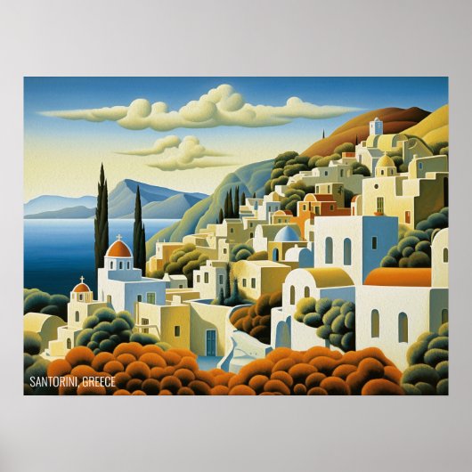 Santorini Island Olieverfschilderij Griekenland Re Poster (Voorkant)