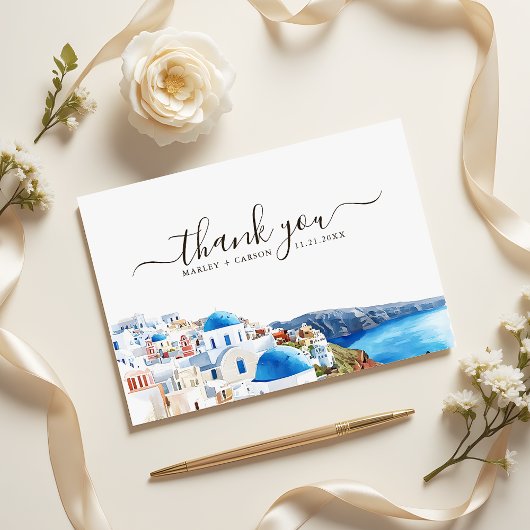 Santorini Island Watercolor Destination Wedding Bedankkaart