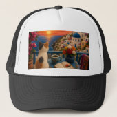 Santorini Kat Zonsondergang Trucker Hoed | Mediter Pet (Voorkant)