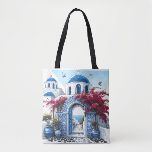 Santorini Kerk Blauw Bruiloft Jubileum Custom Tote Bag (Voorkant)