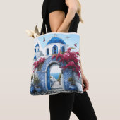 Santorini Kerk Blauw Bruiloft Jubileum Custom Tote Bag (Dichtbij)