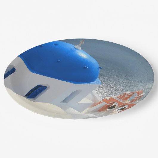 Santorini-kerk in de middag van de zon papieren bordje (Gekanteld)