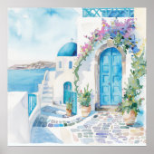 Santorini Kerk Strand Kustmuur Kunst Poster (Voorkant)