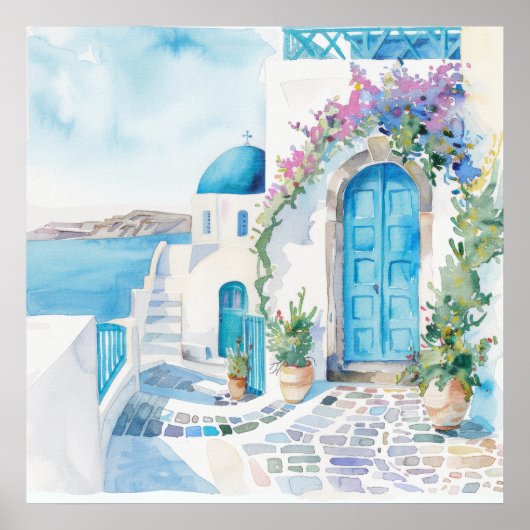 Santorini Kerk Strand Kustmuur Kunst Poster (Voorkant)