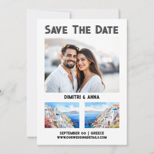Santorini kust bestemming bruiloft save the date (Voorkant)