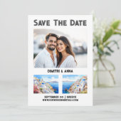 Santorini kust bestemming bruiloft save the date (Staand voorkant)
