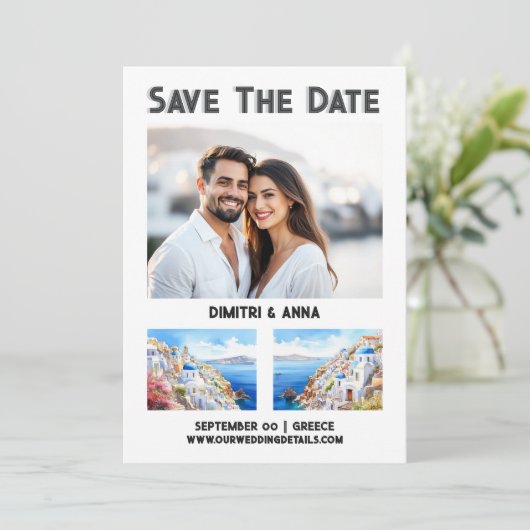 Santorini kust bestemming bruiloft save the date (Staand voorkant)