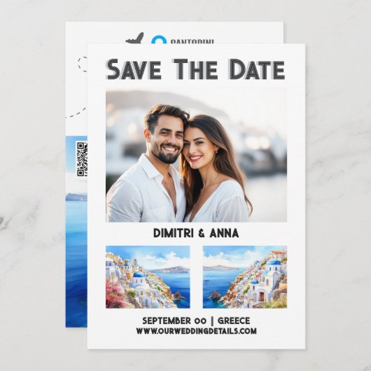 Santorini kust bestemming bruiloft save the date (Voorkant / Achterkant)
