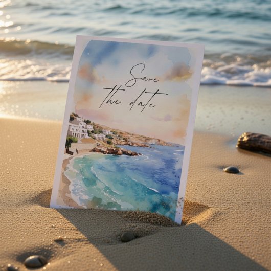 Santorini Kust Save the Date | Waterverf Strand Kaart