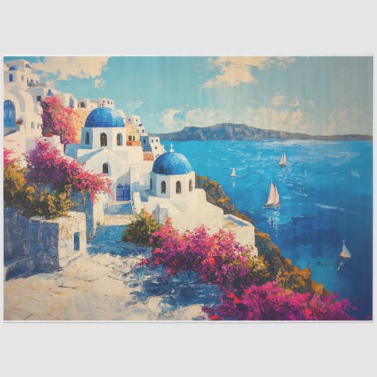 Santorini Levendige Bloemen Olieverf Decoupage Tissuepapier (Voorkant)