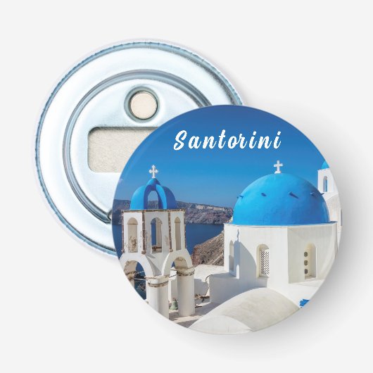 Santorini met blauwe en witte kerk button flesopener (Voorkant)