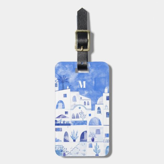 Santorini Monogram Waterverf Kunst Bagagelabel (Voorkant verticaal)