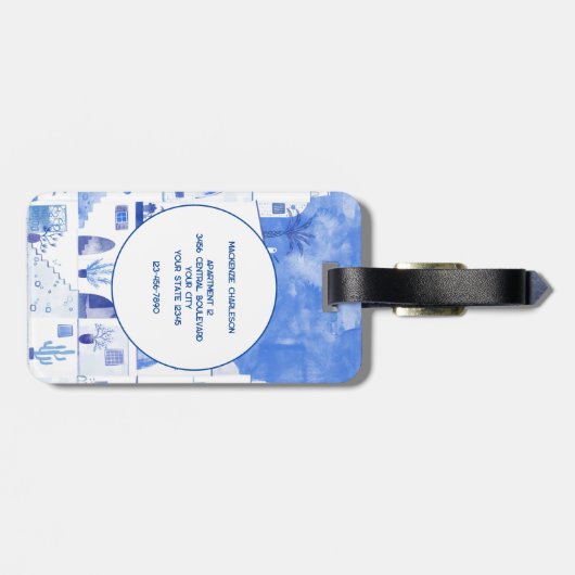 Santorini Monogram Waterverf Kunst Bagagelabel (Achterkant horizontaal)