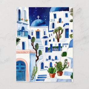 Santorini Nacht Griekenland Waterverf Blauw Wit Gr Briefkaart