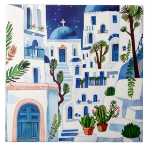 Santorini Nacht Griekenland Waterverf Blauw Wit Gr Tegeltje