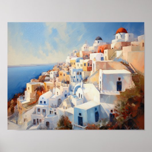 Santorini Oia Griekenland Waterverf Art Print Post (Voorkant)