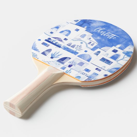 Santorini Oia Grieks eiland Waterverf gepersonalis Tafeltennisbatje (Voorkant Gekanteld)