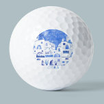 Santorini Oia Waterverf Golfballen<br><div class="desc">Blauw en wit Waterverf tuinschilderij van het dorp Oia op het Griekse eiland Santorini.</div>