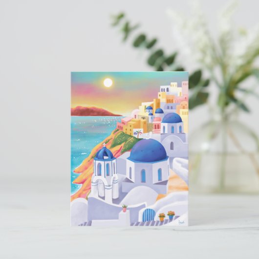 Santorini Print Griekenland Kunstdruk Europa Reize Briefkaart (Staand voorkant)