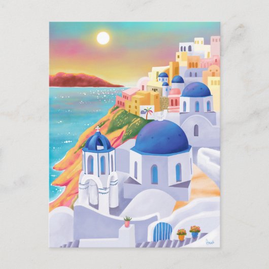Santorini Print Griekenland Kunstdruk Europa Reize Briefkaart (Voorkant)