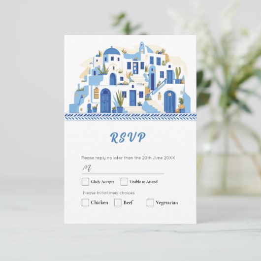 Santorini RSVP kaarten bruiloft Grieks Griekenland (Staand voorkant)