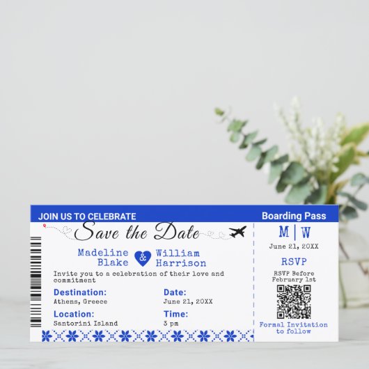 Santorini Skies Boarding Pass Stijl De datum opsla (Staand voorkant)
