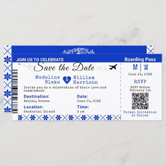 Santorini Skies Boarding Pass Stijl De datum opsla (Voorkant / Achterkant)