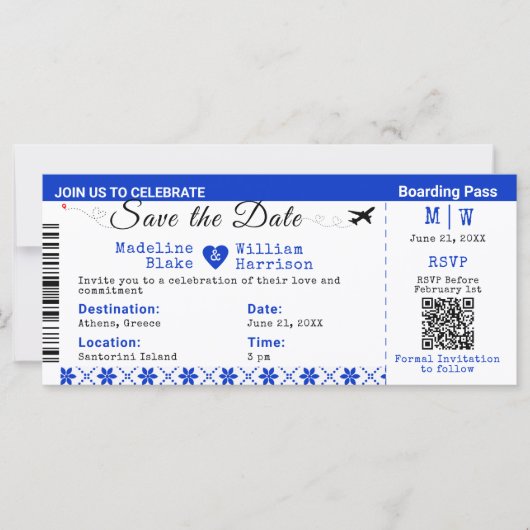 Santorini Skies Boarding Pass Stijl De datum opsla (Voorkant)