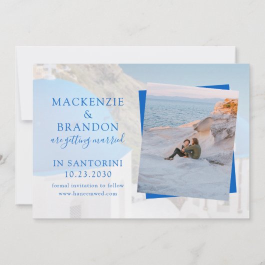 Santorini Skyline Destination Wedding Travel Theme Save The Date (Achterkant)