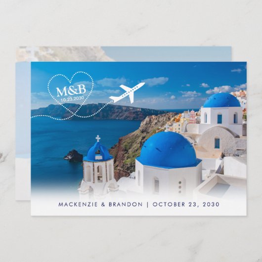 Santorini Skyline Destination Wedding Travel Theme Save The Date (Voorkant / Achterkant)