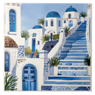 Santorini Steps, Griekenland Blauwe Waterverf Grie Tegeltje