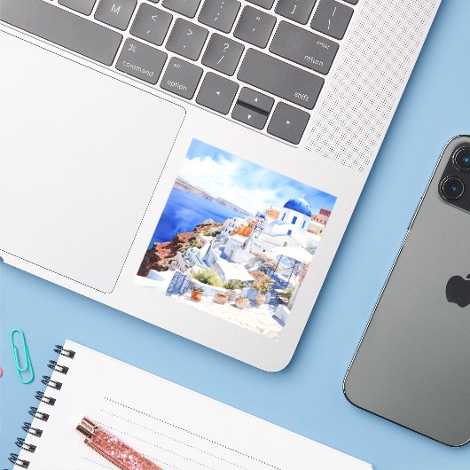 Santorini Sticker (Laptop met iPhone)